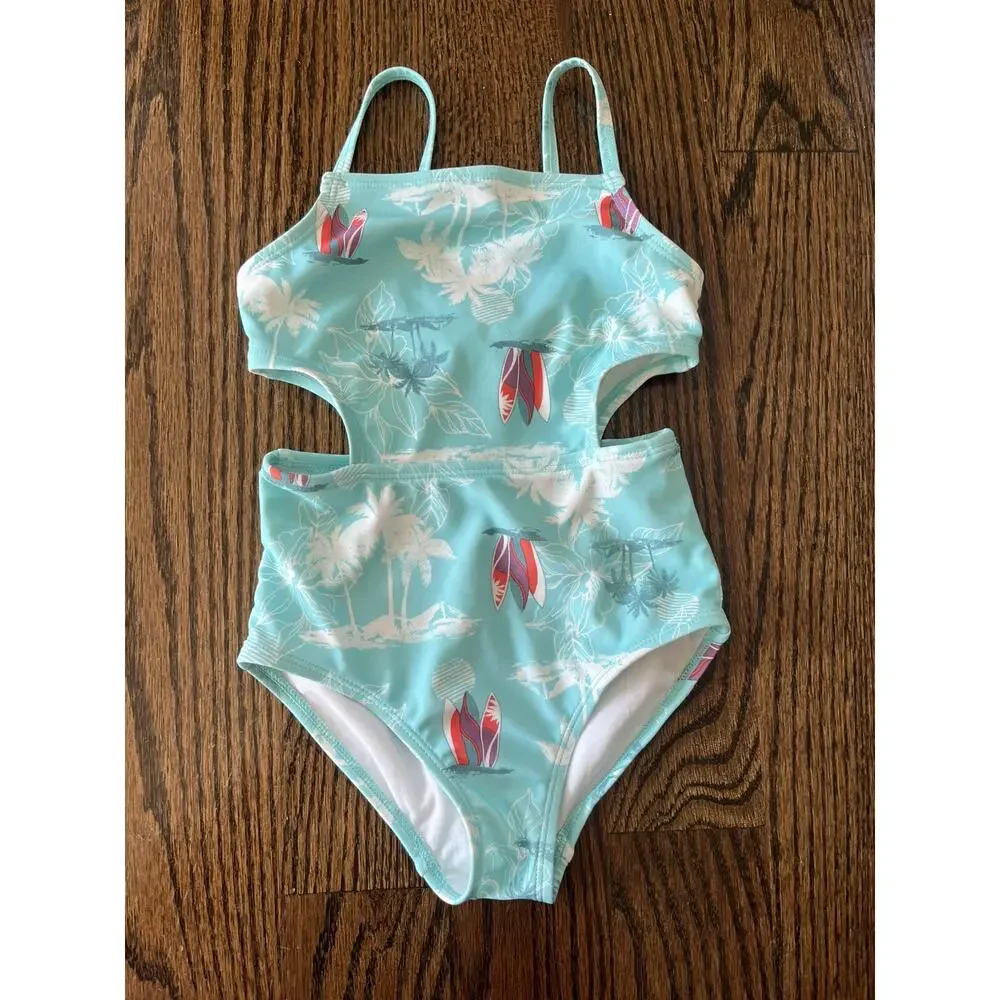 OshKosh B'gosh girls swimsuit size 5 beach print blue side cut out details NWOT